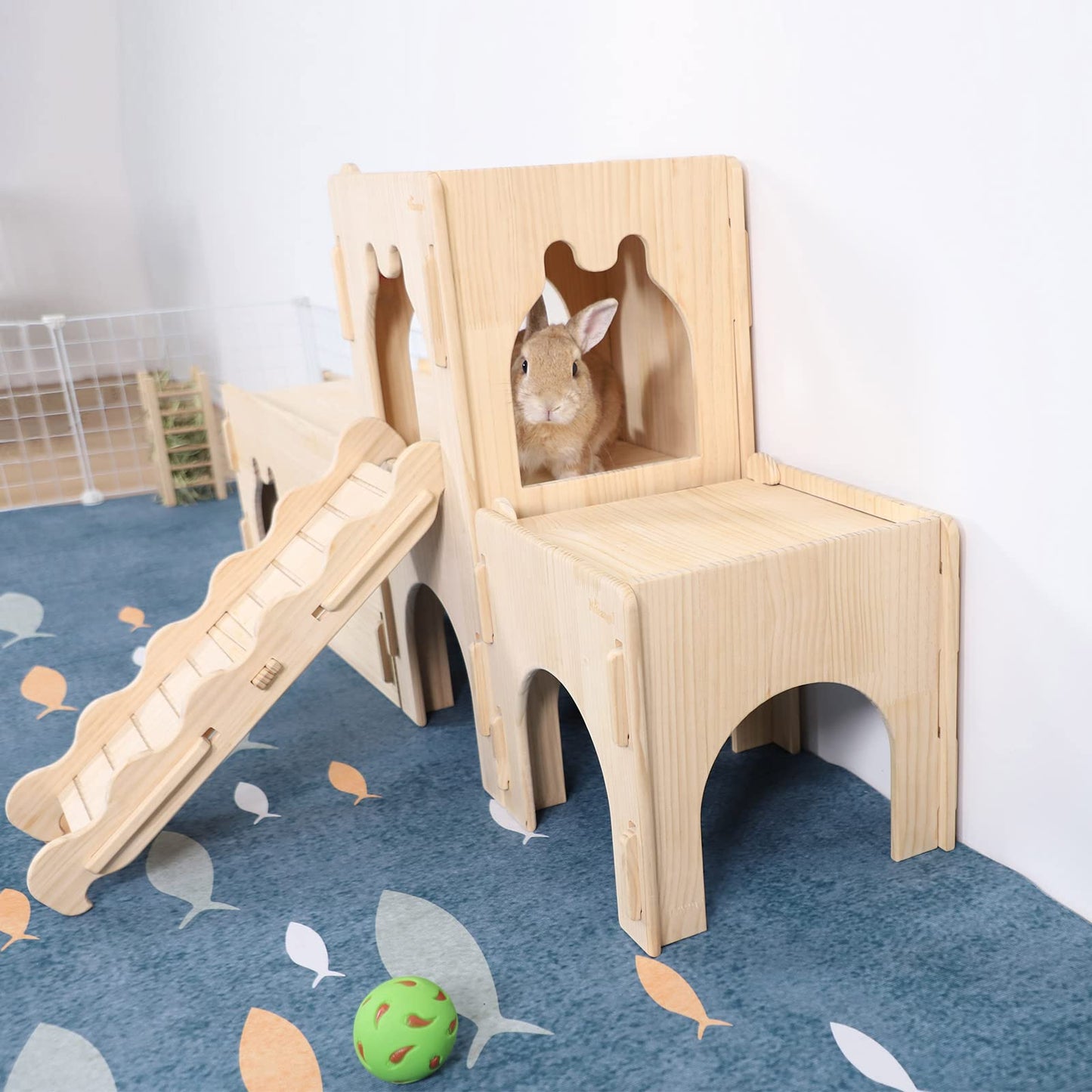 Niteangel Wooden Rabbit Castle and Hideout - Spacious and Breathable Bunny House Tunnel for Rabbit Chinchilla Guinea Pigs or Other Small-Sized Pets (Single-Layer Castle)