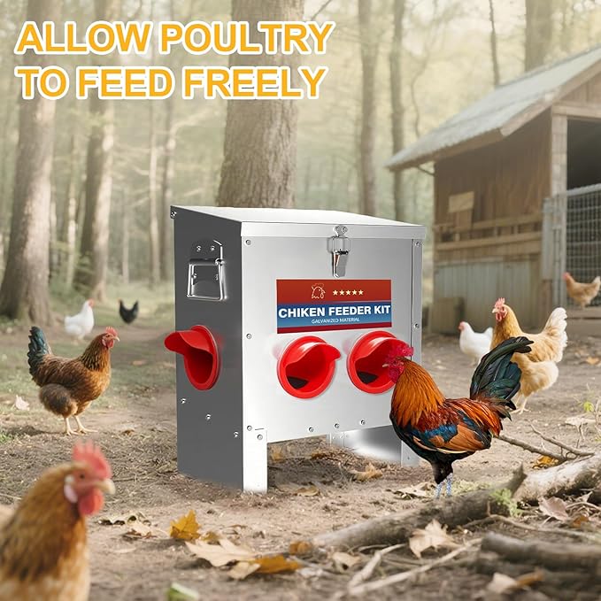 Automatic Chicken Feeder No Waste 25 Pounds Metal Poultry Feeder with Latch & Handle for Chickens, Geese, Ducks, Turkeys, Quails, Weatherproof (4-Port)
