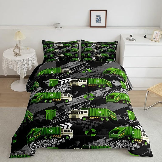 Garbage Truck Full Size Comforter Set,Hippie Tire Print Bedding Sets Youth Teens,Powered Waste Management Brushed Microfiber Soft Bedding Comforter
