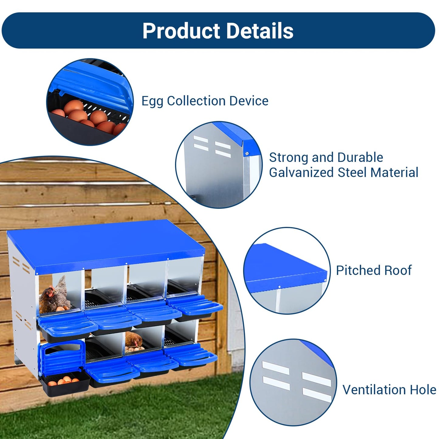 Chicken Nesting Box, 8 Compartments Nesting Boxes for Chickens, Chicken Laying Boxes, Roll Away Nesting Box for Chickens Laying Egg with Lid Cover to Protect Eggs, Blue