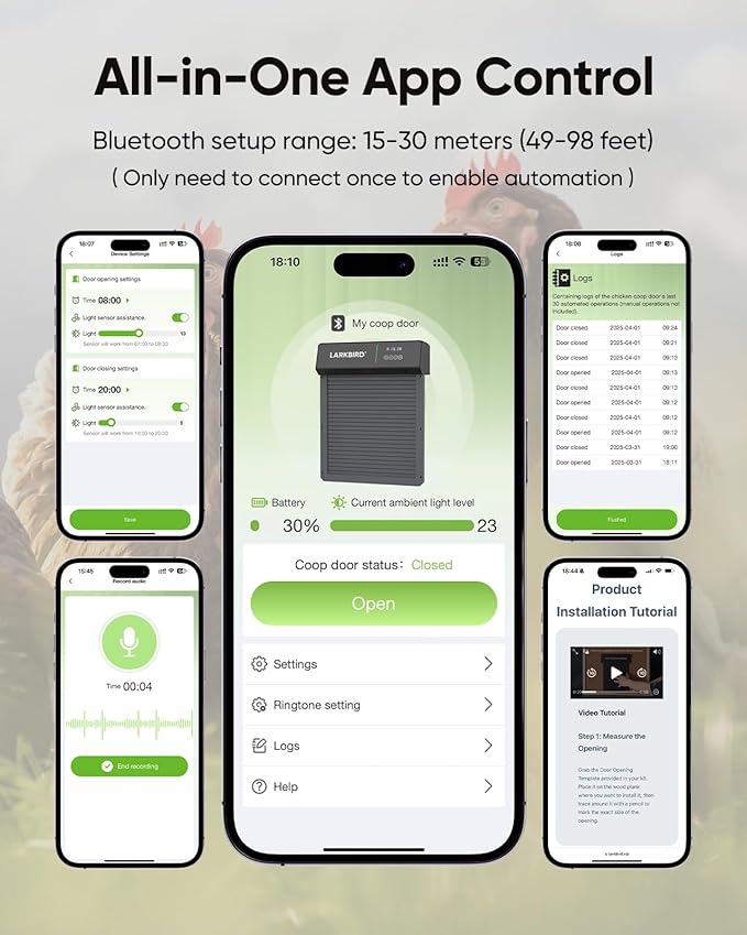 LARKBIRD Automatic Chicken Coop Door with Audio Recall Function, Solar Chicken Coop Door with Timer & Light Sensor, App Control Chicken Door with Anti-Pinch System (Yellow)