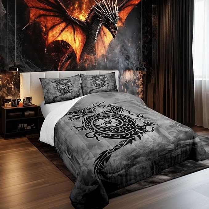 Castle Fairy Dragon Comforter Set,Exotic Chinese Style Wildlife Animal Bedding Set Kids Teens Modern Decor,Vintage Black Gray Graffiti Comforter with 1 Pillowcase for All Seasons,Twin