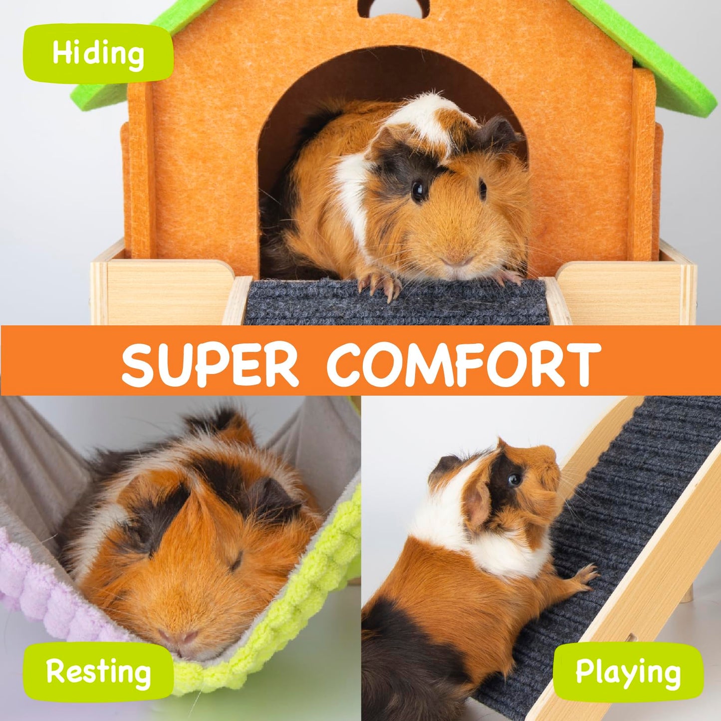 BESNEW 3 in 1 Enlarged Guinea Pig Hammock with House & Platform,Wooden Guinea Pig Hideout with Hammock & Stairs Small Animal Toys for Hiding Sleeping Activities