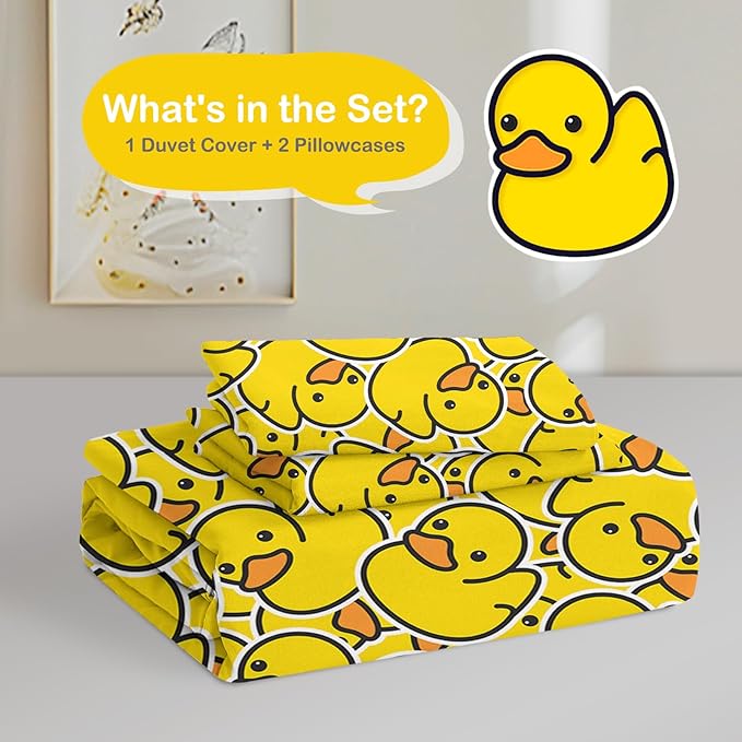 Twin Duvet Cover Set: Kids Yellow Ducks Themed Brushed Microfiber Bedding for Boys Girls Room- Little Plastic Rubber Duck Print Comforter Cover with 2 Pillowcases