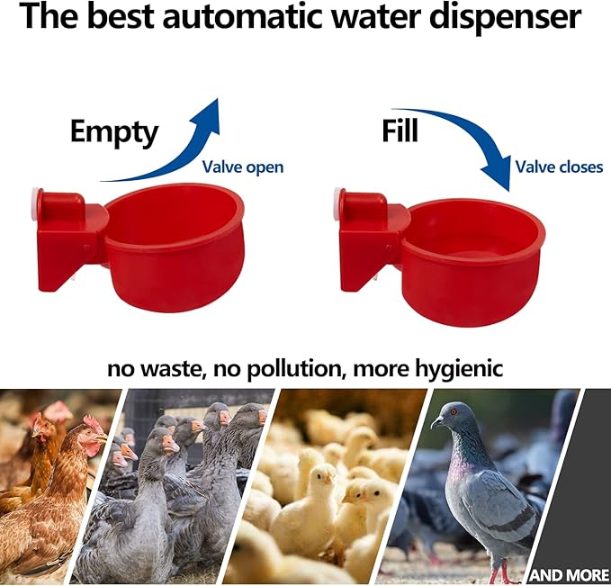 Chicken Waterer Cups 24 Pack Automatic Chicken Water Cups for Poultry LANARP Float Style Gravity Chicken Watering System Poultry Water Feeder Kit Chicken Waterer 5 Gallon with Mounting Hole Opener