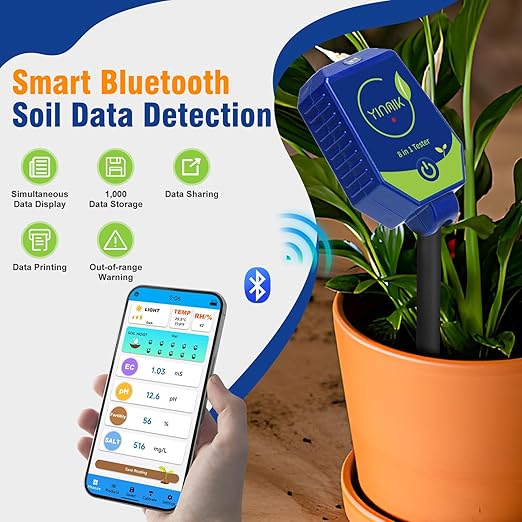 YINMIK pH Moisture Meter Smart Soil Test Kit Garden pH Meter Hygrometer pH Conductivity Meter for Hydroponic 8 in 1 Farm pH Moisture pH Moisture EC Fertility Salt Sunlight Air Humidity Temp Tester