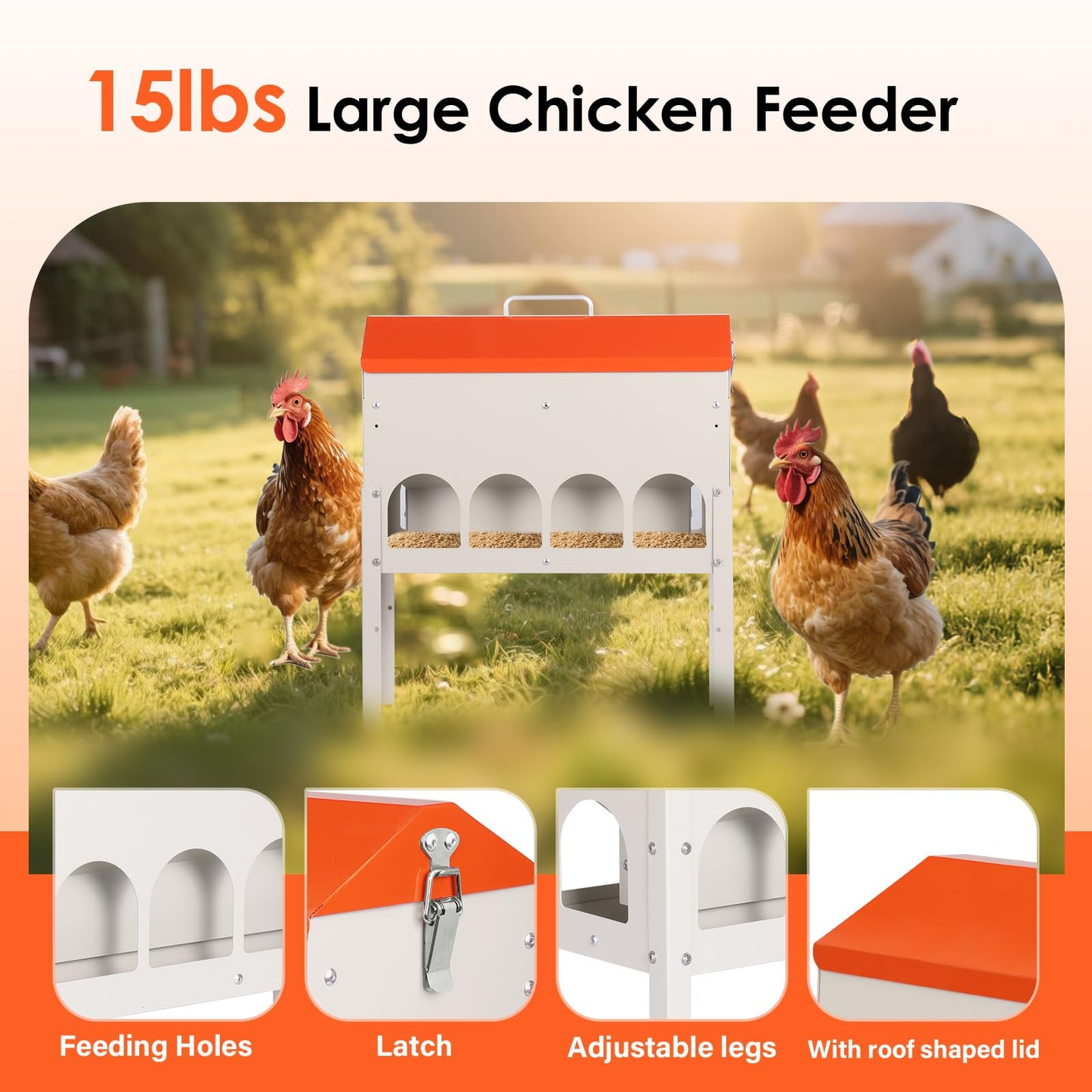 PAUQRWIE 15lbs Automatic Chicken Feeder - 10 Feeding Ports, No Waste Poultry Feeder Large Feeding Though Dispenser for Chickens Duck Turkey Pheasant Chicken Coop