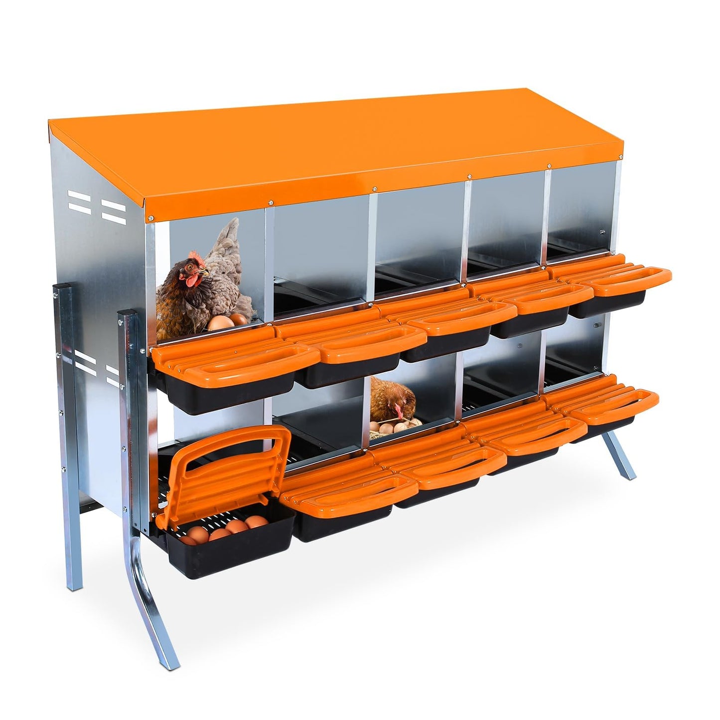 10 Hole Chicken Nesting Box with Bracket, Roll-Away Egg Collection System with Ventilation Holes，Rustproof Plastic Tray & Keyhole Mounting, Chicken Laying Box for Hen & Duck, Orange