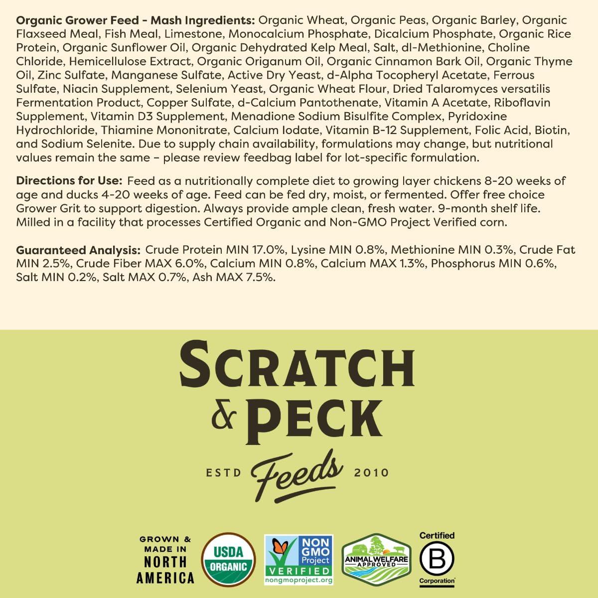 Scratch and Peck Whole Grain Grower Mash Chicken and Duck Feed - 10 lbs Bag - Corn-Free and Soy-Free - 17% Protein, Certified Organic and Non-GMO Project Verified Chicken Food
