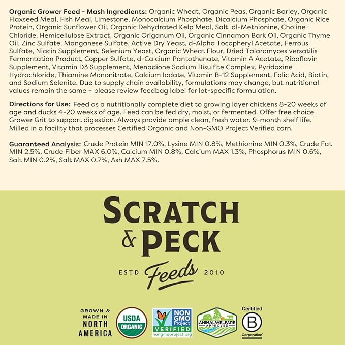 Scratch and Peck Whole Grain Grower Mash Chicken and Duck Feed - 10 lbs Bag - Corn-Free and Soy-Free - 17% Protein, Certified Organic and Non-GMO Project Verified Chicken Food