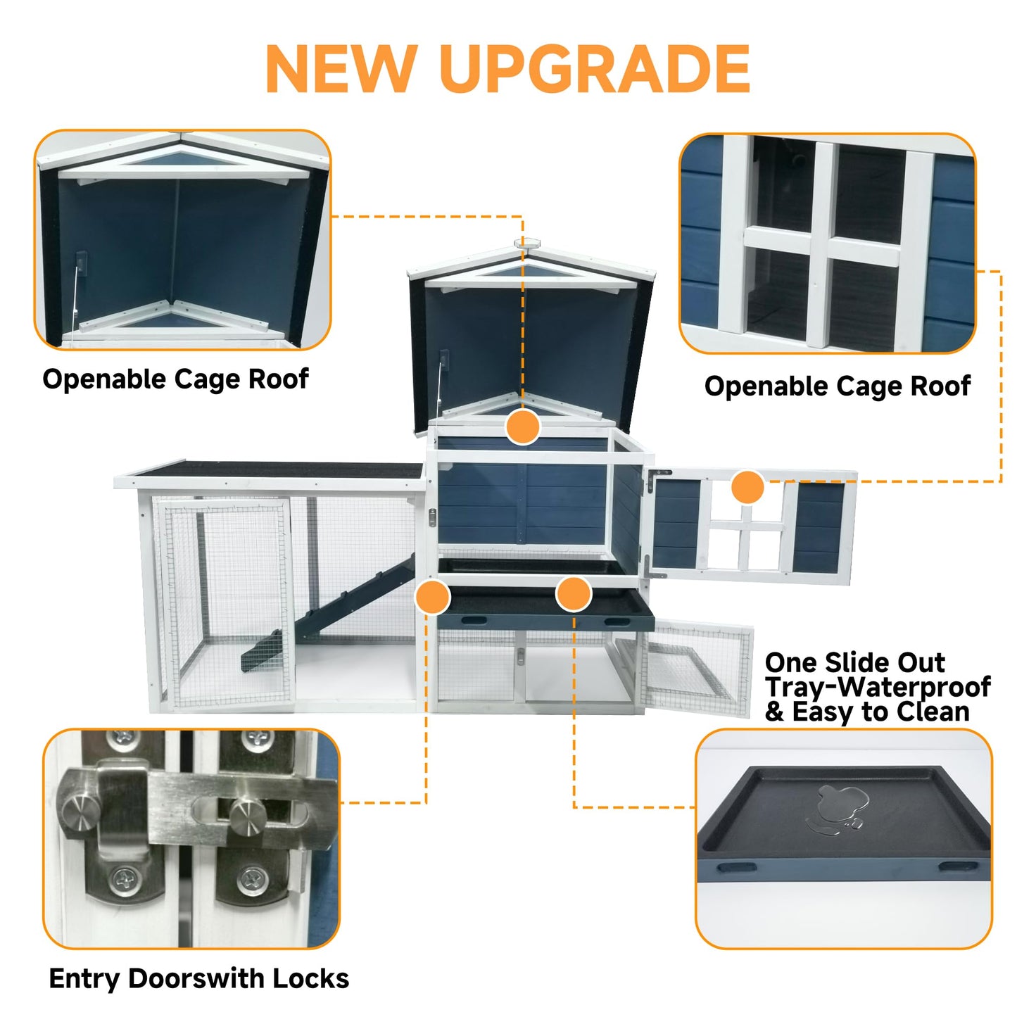 GARWOOD Large Outdoor Indoor Rabbit Hutch Wooden Bunny Rabbit Cage 2-Story with Run No-Leak Pull-Out Tray Waterproof Asphalt Roof Ramp for Guinea Pig Small Animal Wood Pet House Home Blue White