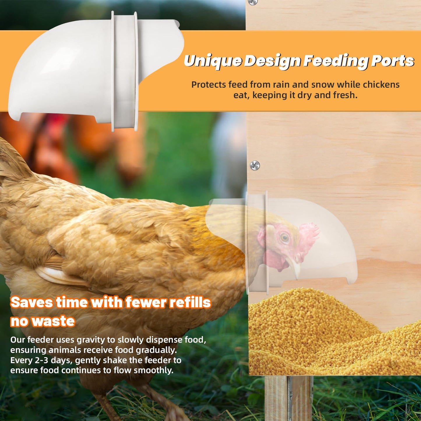 Automatic Chicken Feeder, 40 lb Capacity 6 Port Wooden Chicken Feeders with Locking Lid & Handle for Chickens, Geese, Ducks, Turkeys, Quails