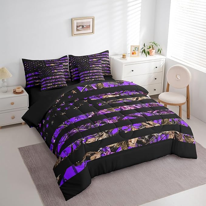 Feelyou American Flag 7 Pieces Bedding Set, King Size Purple Camouflage All Season,Bed in a Bag with Comforter, Sheets, Pillowcases Branch Hunting Bed Set Breathable Camouflage Hunter Room Decor
