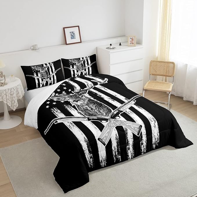 Erosebridal Deer Comforter Set American Flag Bedding Set Full Size Hunting Theme Duvet Set Western Rustic Farmhouse Decor Quilts Wild Animal Elk Print Down Comforter USA Flag Comforter 3 Pcs