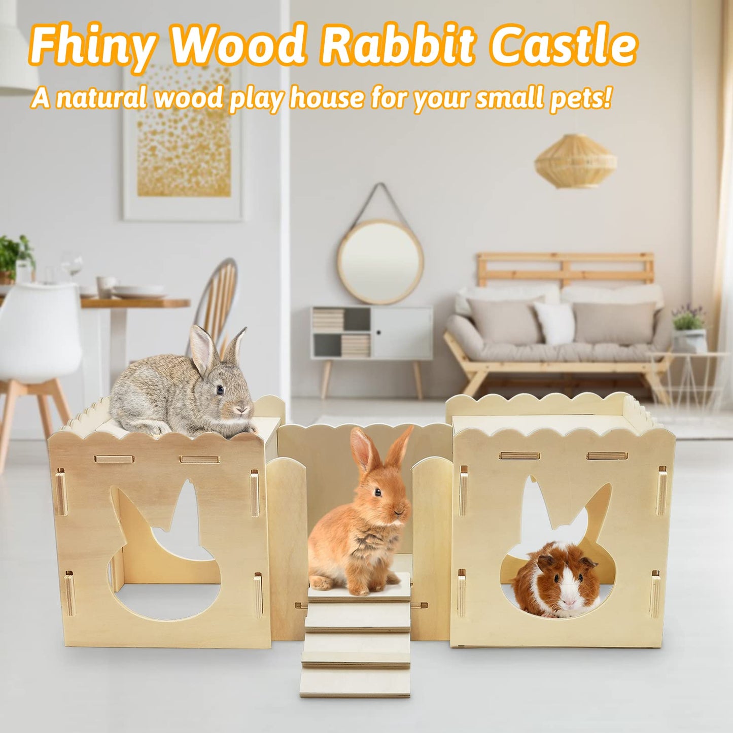 Fhiny Wooden Rabbit Castle, Small Animals Large Tunnel with Bridge Detachable Bunny Fort Hideout Rest and Playhouse with Windows for Rabbits Guinea Pigs Chinchilas Kittens