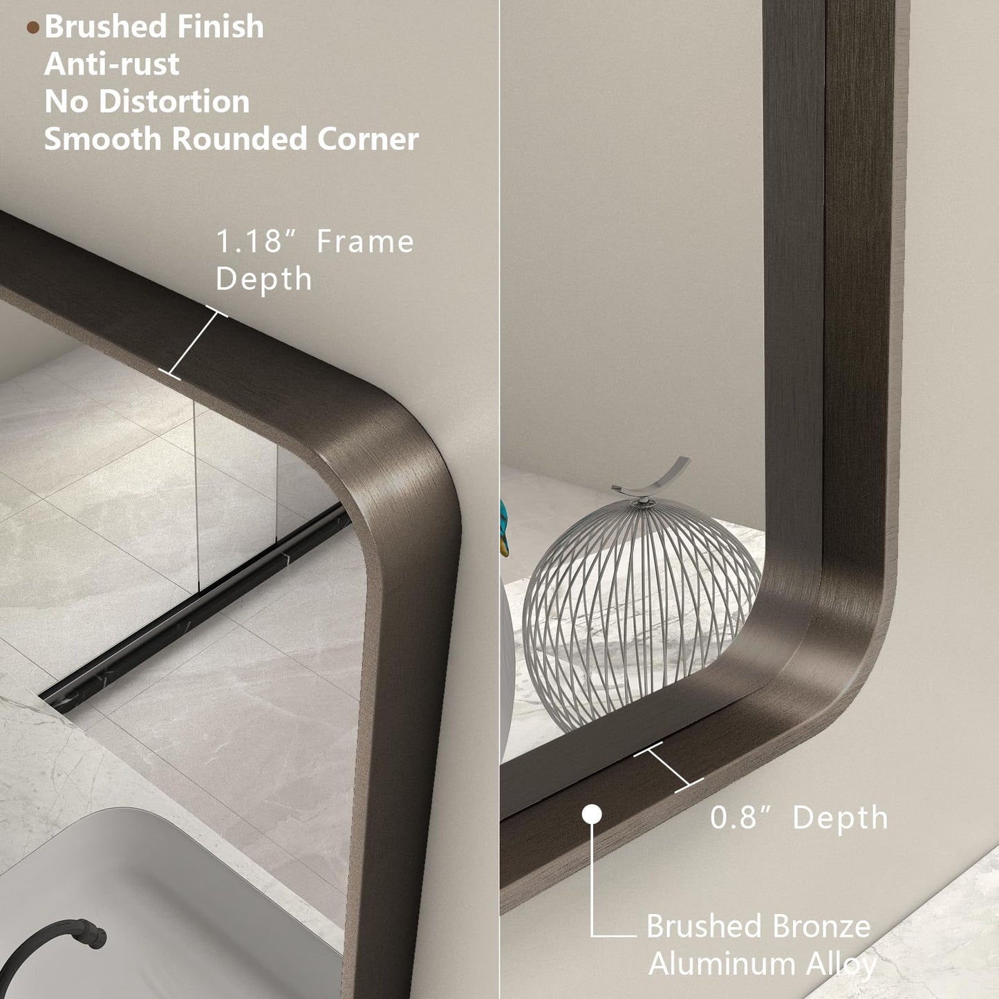 CHARMOR 66x36 Inch Bronze Bathroom Mirror, Brushed Bronze Metal Frame Mirrors for Wall, Rounded Rectangle Bronze Mirror for Vanity,Farmhouse, Bedroom, Anti-Rust (Horizontal/Vertical)