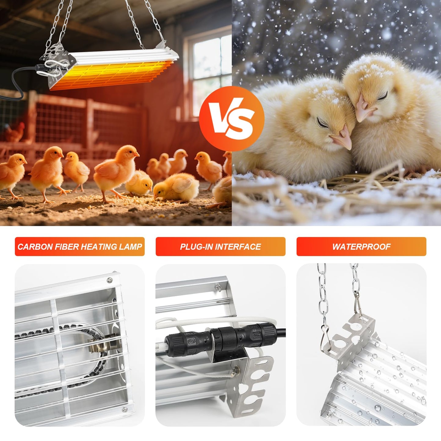 Large Heat Lamp for Chicken Coop, 600 Watts Carbon Fiber Chicken coop Heater, Adjust 2 Mode Temp&Hanging Height, Waterproof,Indoor & Outdoor Heater,For Cow,Sheep,Livestock,size:16.3x5.31x3inch