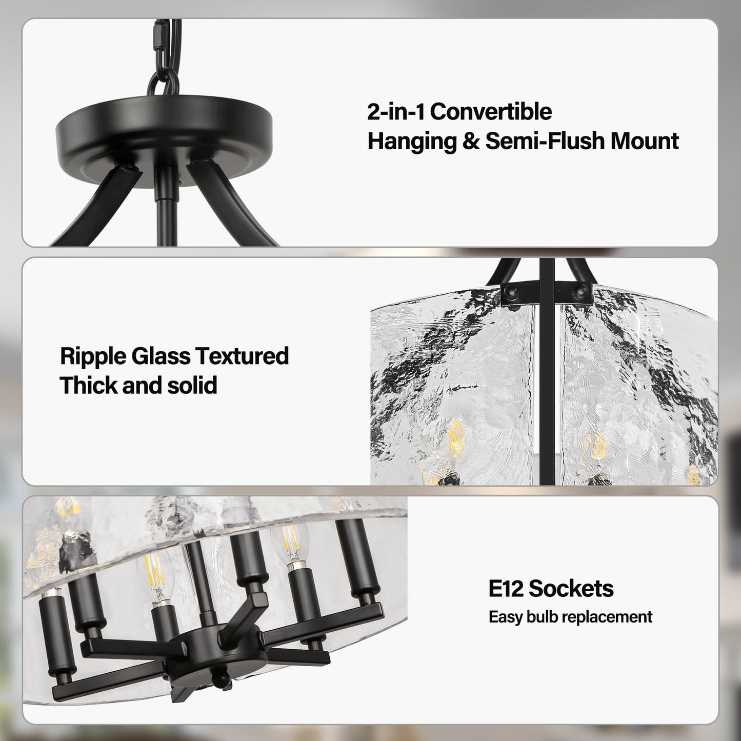 WBinDX 6-Light Modern Farmhouse Chandelier, Black Hanging Pendant Lighting, Convertible Semi Flush Mount Ceiling Light Rustic Cage Glass Chandeliers for Dining Room Kitchen Bedroom Foyer Entryway