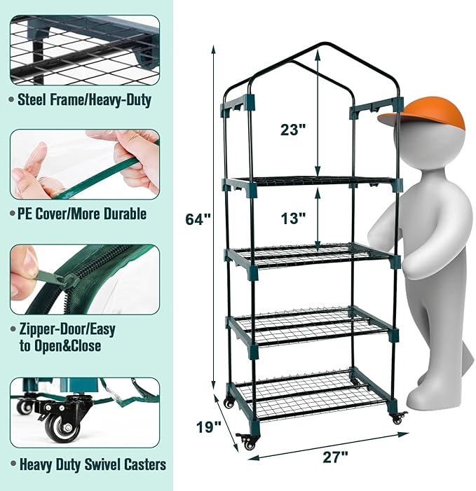 Worth Garden Upgraded 4 Tier Mini Greenhouse w/ Castors Wheels - Portable Small Gardening Green House w/ Clear PVC Cover - Heavy Duty Swivel Castors w/ Brakes - 65''H x 27''L x 19''W Indoor & Outdoor