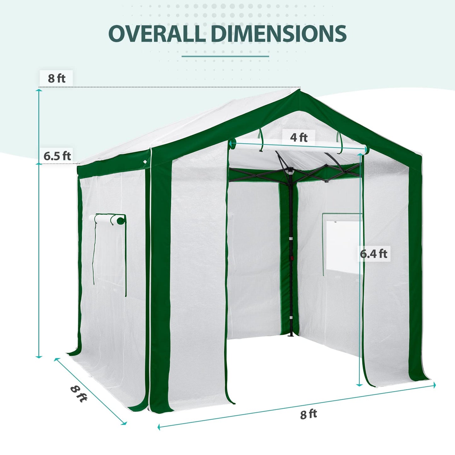 EAGLE PEAK 8x8 Portable Walk in Greenhouse with Polyester Reinforced Corners, Heavy Duty Instant Pop Up Indoor Outdoor Green House, Front Roll Up Zipper Entry Door and Mesh Windows, Green/White