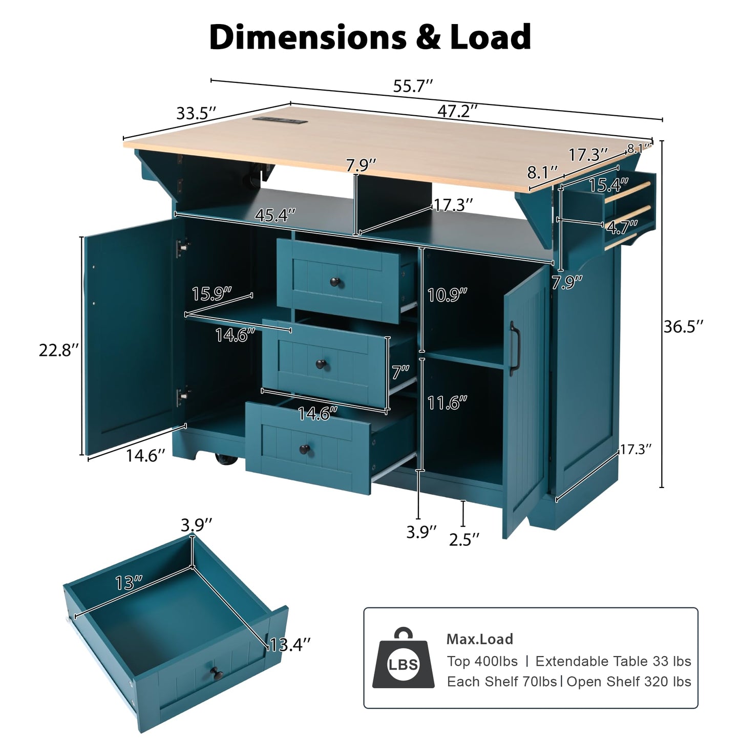 Merax 55.7" Large Kitchen Cart Island on Wheels with 2 Drop Leaf,Power Outlet,3 Drawers,Wood Cabinet for Dining Room