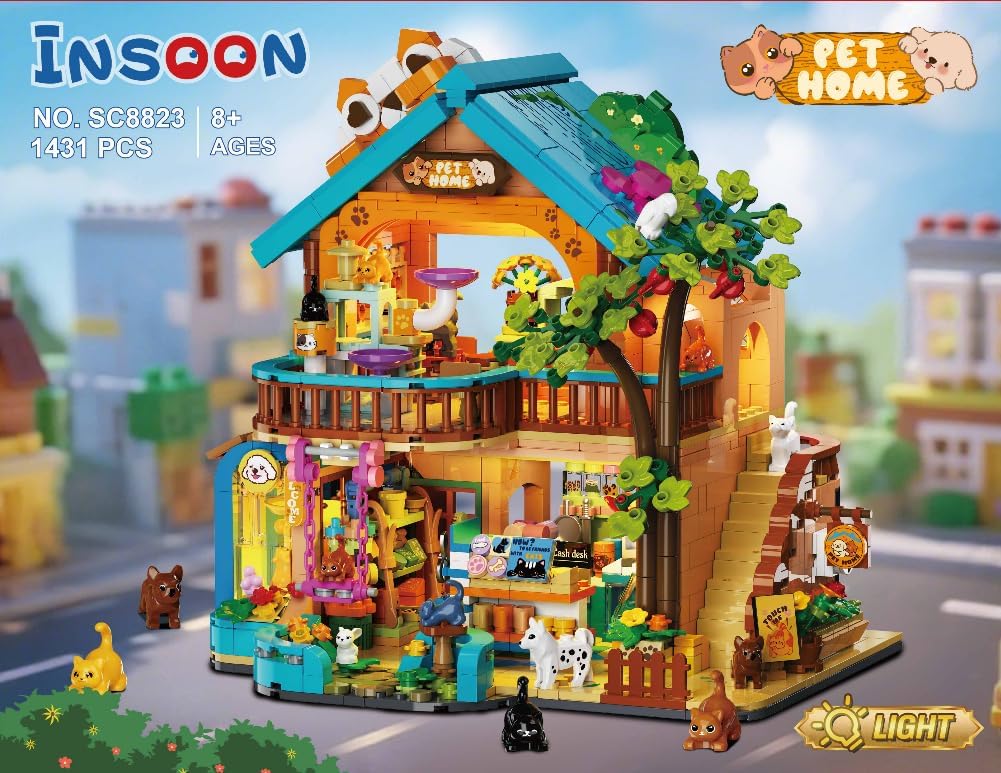 INSOON City Pet Shop Building Set with Lights, Cozy Pet House Construction Toy with Cats Dogs Rabbit, 1431 PCS Cute Animal Store Miniature Model Building Block Kit for Adults Kids Boys Girls Ages 12+