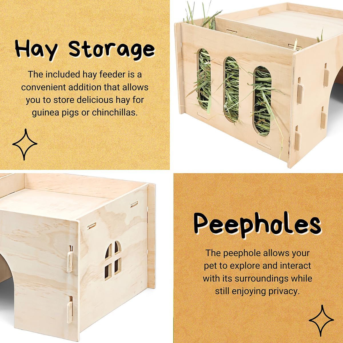 TiereCare Guinea Pig Hideout with Hay Feeder & Absorbent Mat, Wooden Chinchilla House with Multiple Window, Small Animal Hut Castle for Dwarf Rabbit