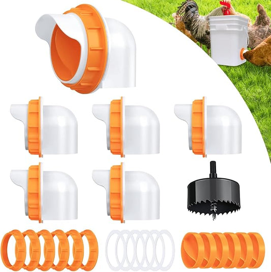 Chicken Feeders No Waste 6 Ports, 4 inch DIY Poultry Feeder with 6 Covers 1 Drill Bit, Rain Proof Automatic Gravity Chicken Feeder Kits for Buckets, Barrels, Bins, Troughs (Orange)