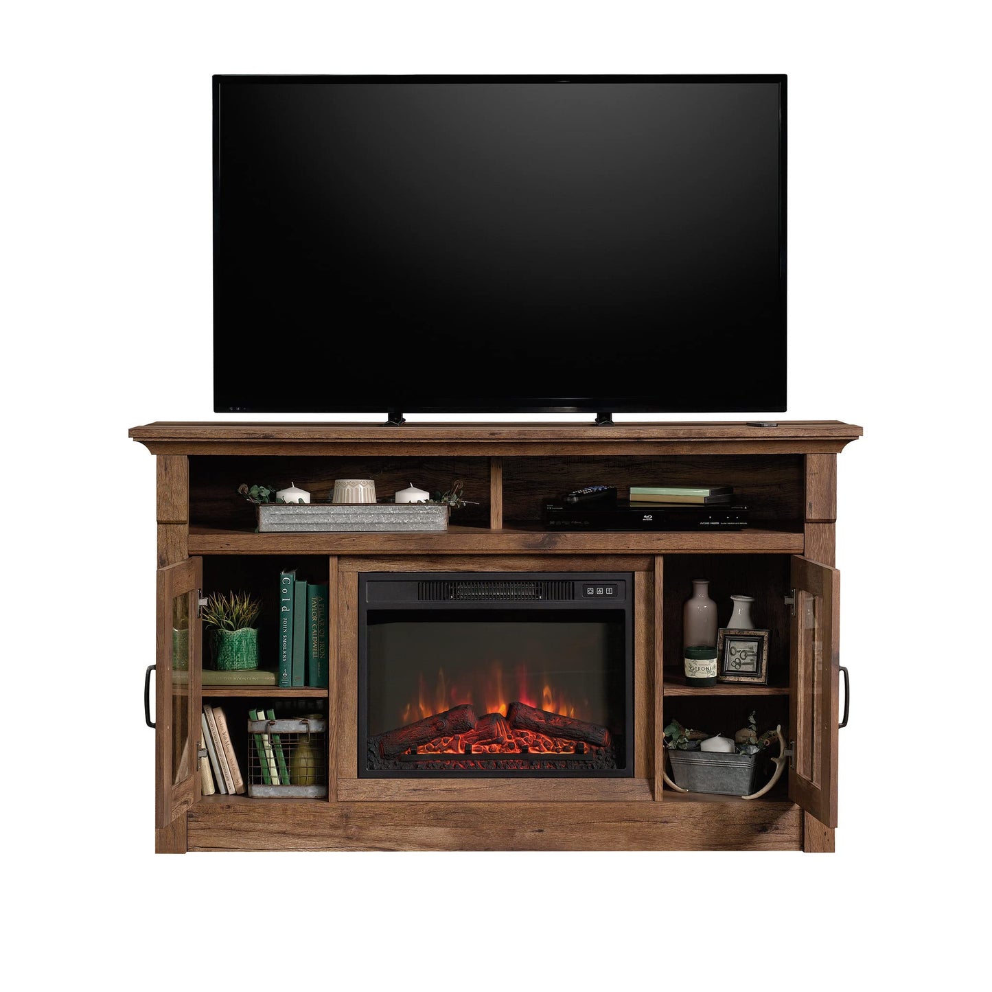 Sauder Miscellaneous Fireplace Credenza, L: 60.0" x W: 16.73" x H: 35.04", Vintage Oak Finish