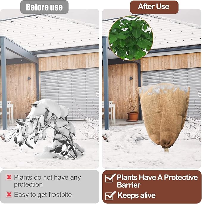 Winter Burlap Plant Cover Bag, Large Burlap Bags with Drawstring, Reusable Jute Sack,Frost Cloth Cold Freeze Protection Cover Bags Tree Freeze Blanket for Outdoor Plants, Shrubs, Bushes(32x47")