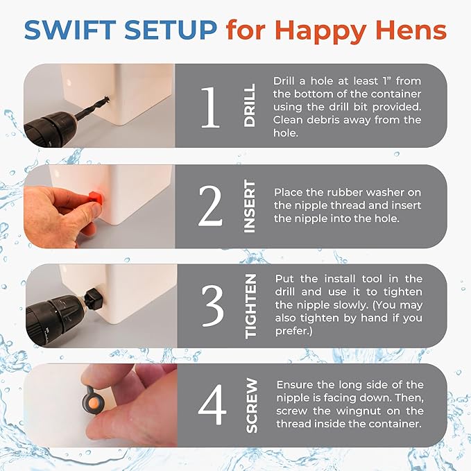 Lil'Clucker Horizontal Chicken Waterer Nipples, Pack of 15 Chicken Nipple Waterer with Drill Bits, Easy Install Automatic Chicken Waterer System, No Leak Chicken Water Feeder, Poultry Waterer - Orange