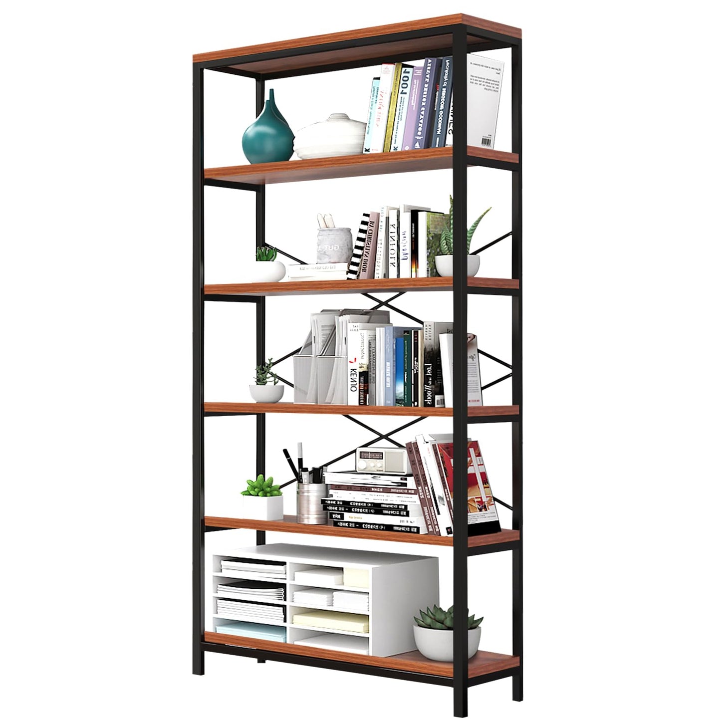 Himimi 6 Tier Industrial Bookshelf, Vintage Standing Storage Shelf, Display Shelving Units, Tall Bookcase, Industrial Metal Book Shelves for Living Room Bedroom and Home Office