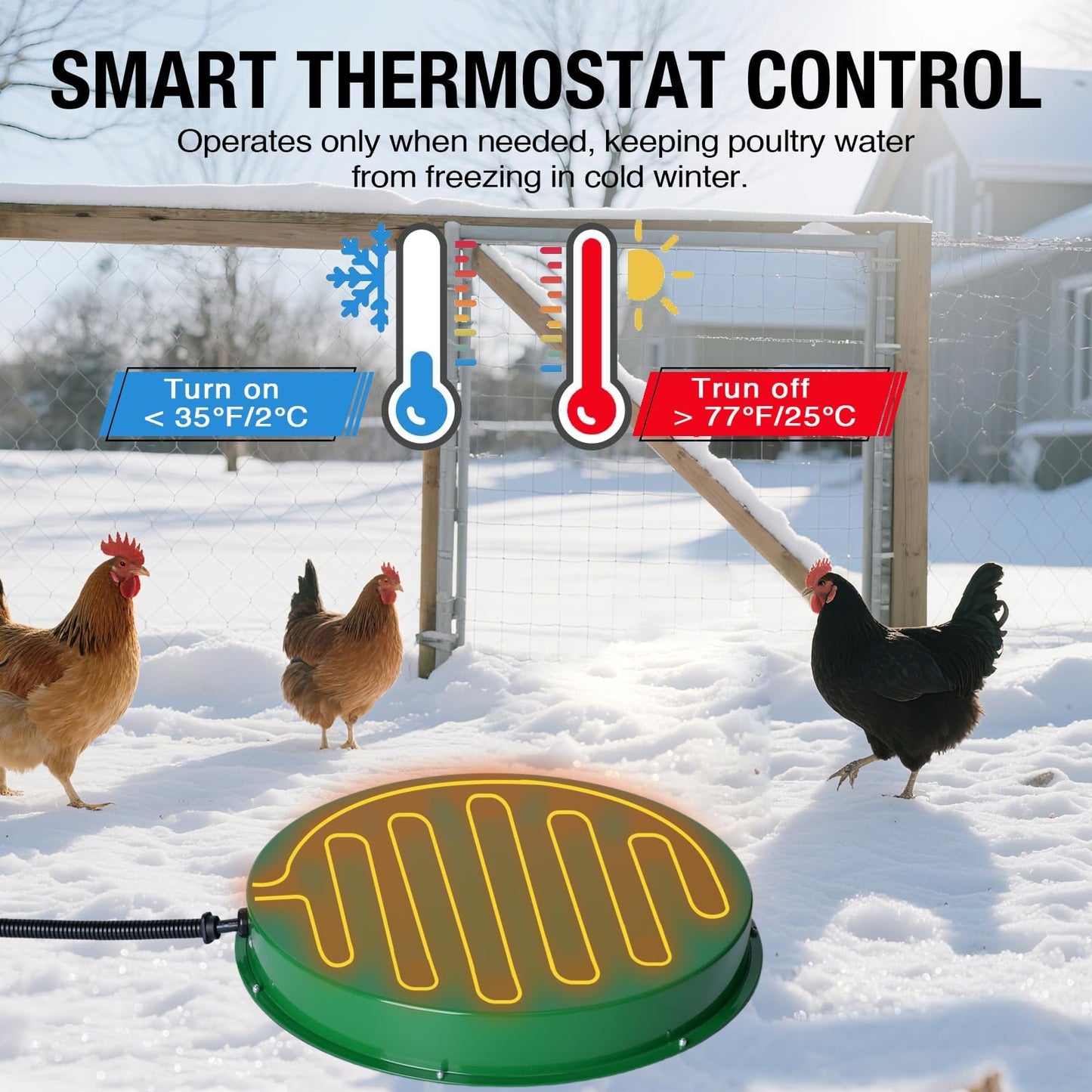 Shaledig 1 Pack Chicken Water Heater for Winter, 125W Thermostat Chicken Waterer Heating Base with 6.6FT Anti-Bite Power Cord for 3–5 Gal Metal Plastic Poultry Fountains Waterer 12.4In Dia Green