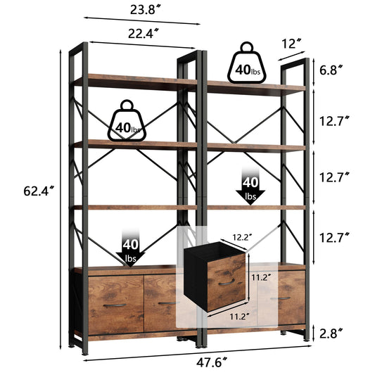 Shintenchi Book Shelf,2 Pieces Tall Bookshelf with Drawer, 5 Tier Industrial Open Standing Bookcase,Freestanding Wooden Display Shelves Storage Organizer,Rustic Brown