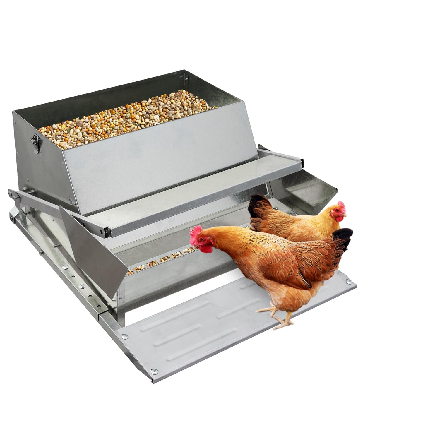 Automatic Chicken Treadle Feeder, 27 LB Large Galvanized Steel Poultry Feeder, Outdoor Use, No Waste, 10 Chickens for 11 Days, Metal Chicken Feeder Kit Suits Duck, Bantams, Pheasants