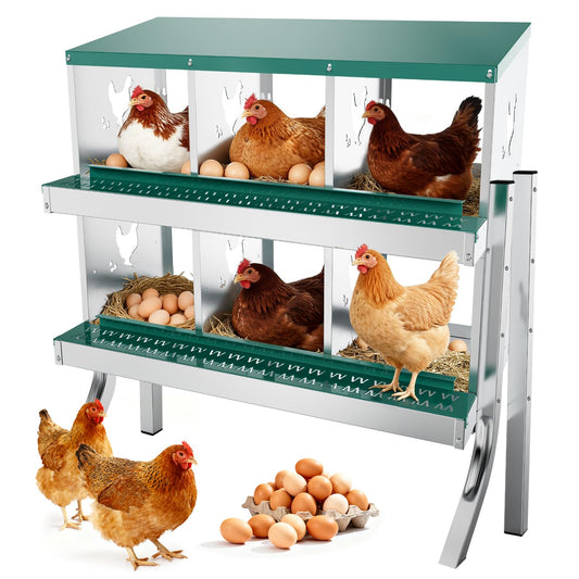 POWLAB 6 Compartment Chicken Nesting Box with Elevated Metal Legs - Heavy Duty Roll Away Egg Collection, Secure Lid & Perch - Versatile Wall Mount or Free Standing Design for Chickens, Hens, Ducks