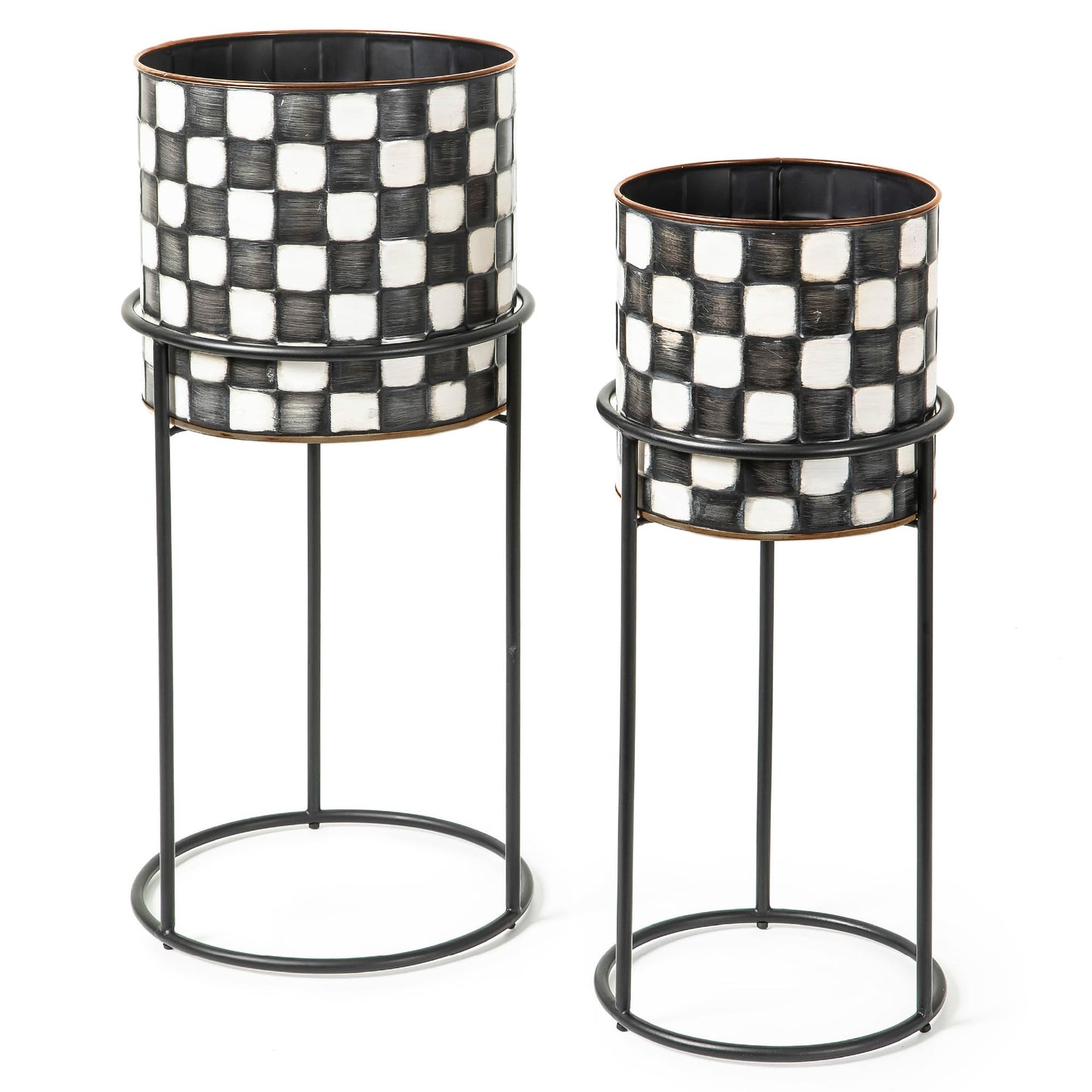 MACKENZIE-CHILDS Set of 2 Check It Out Metal Planters, Black-and-White Garden Planter
