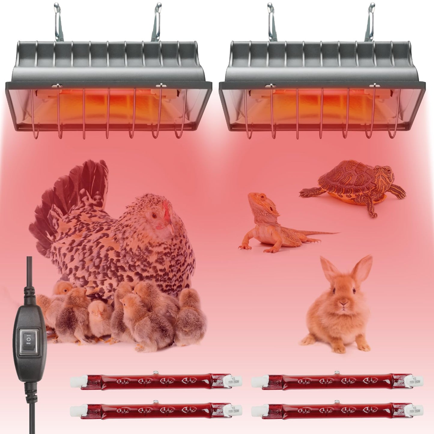 2 Pack 250W Chicken Coop Heater for Chicken Dog Kennel, Cat Bed, Reptiles & Incubators, 2 Heating Mode Warmer for Chicken Coop in Winter, Inside and Outdoor Pet Total 4 Heating Tube as Backup Lamp