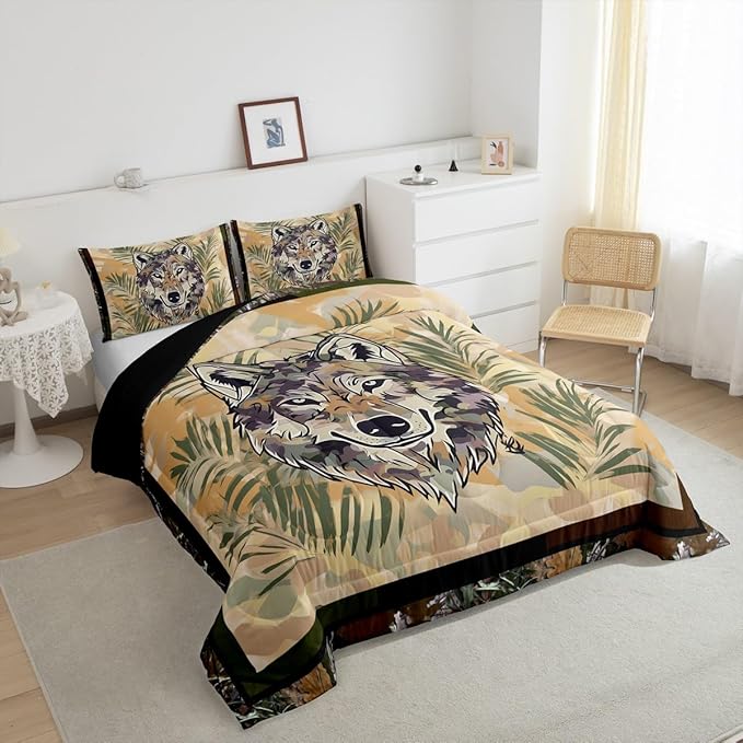 Erosebridal Fox Comforter Set Full Size Woodland Camo Down Comforter Army Green Camouflage Wild Animal Bedding Set for Boys Teen Men,Wildlife Nature Tree Branch Quilt Duvet with 2 Pillow Cases