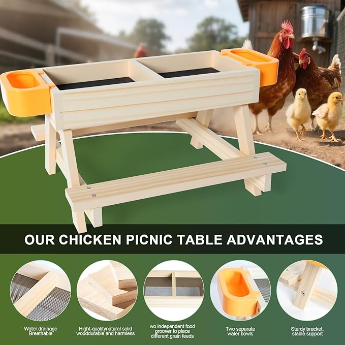 Chicken Feeder Picnic Table No Waste Wooden Picnic Table with Water Bowls Chicken Coop Accessories for Poultry Chicks, Duck, Goose, Squirrel,Turkey