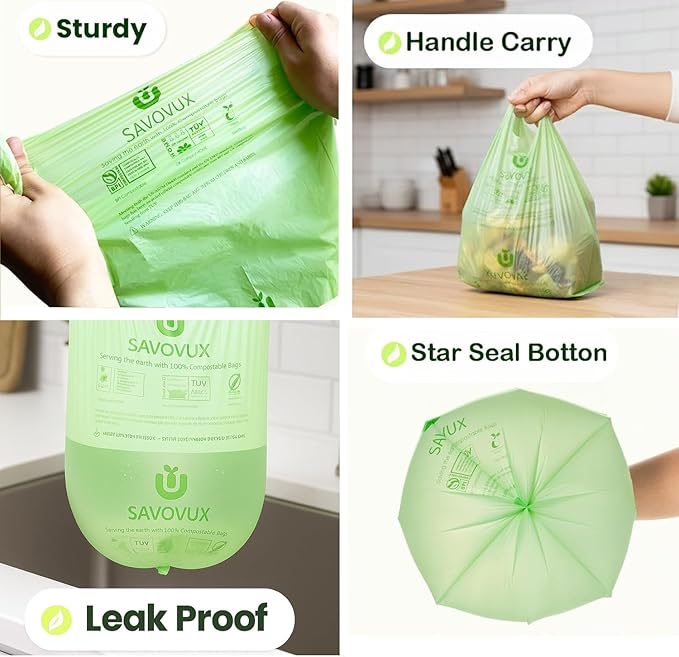 1.2–1.6 Gallon Compostable Bags with Handles, 100 Count Small Kitchen Countertop Bin Liners, Mini Food Scrap Waste Bags, BPI & OK Compost Home Certified