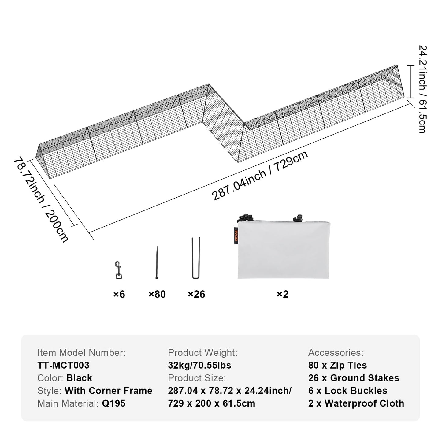 VEVOR Chicken Enclosures, Dimensions: 287x78.7x24.2 inches, Outdoor Chicken Passageways with Corner Supports, Dual Pack, Fits Poultry, Ducks, Bunnies