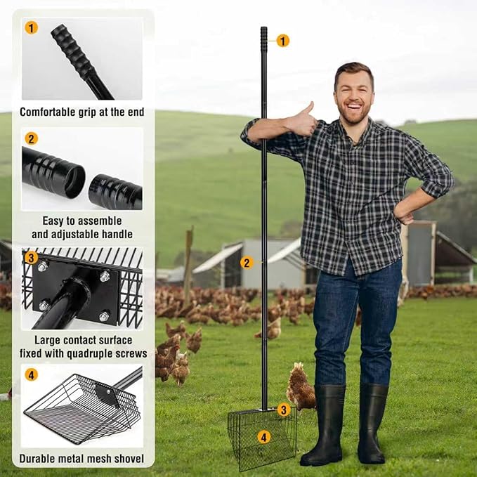 10" & 15" 2 Large Chicken Poop Scooper Set: Heavy Duty Carbon Steel Sifter Shovel, Metal Pooper Sifting Scoop for Poultry Run Yard Farm Litter Manure Sand, Chicken Coop Accessories Cleaning Tool