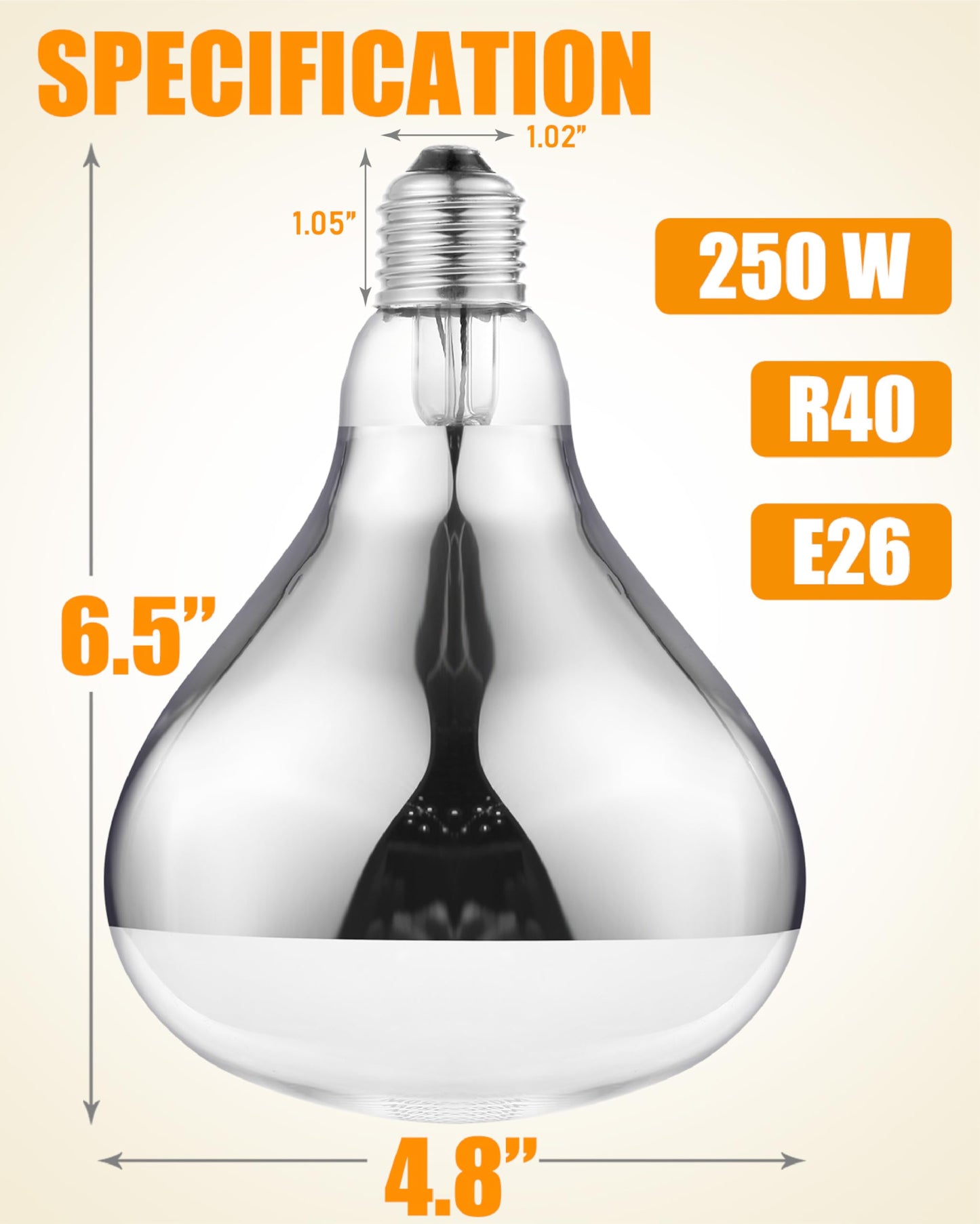 VORIGY 250W Heat Lamp Bulbs, 8000 Hours Rated, R40 Bathroom Shower Incandescent Light Bulb, Infrared Heating for Chickens, Reptiles, Pets, Food, E26 Base, 6 Pack