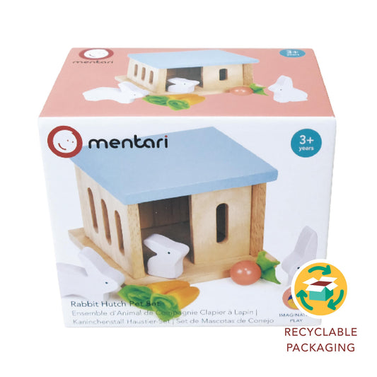 Mentari Toys - Rabbit Hutch Pet Set - 7pc Wooden Bunny Family with House and Play Food - Dollhouse Accessory - Perfectly Sized for Dollhouses - Encourages Imaginative Play and Animal Care - Age 3+