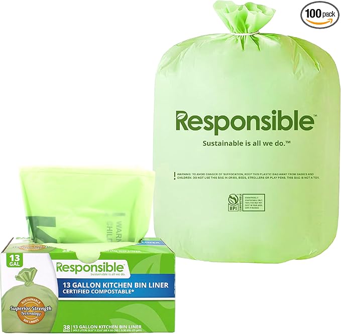 Kitchen Bin Liners, Certified Compostable, Heavy Duty Multipurpose Food Scrap Bags, Made from Compostable Materials (13 Gallon, 13 Gallon (38 Count))