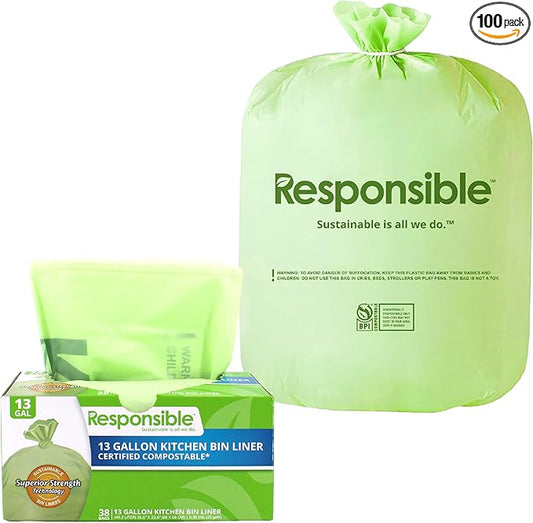 Kitchen Bin Liners, Certified Compostable, Heavy Duty Multipurpose Food Scrap Bags, Made from Compostable Materials (13 Gallon, 13 Gallon (38 Count))