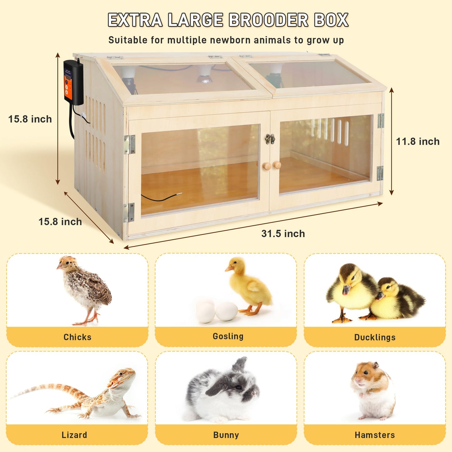 Large Chicken Brooder Box for Chick, Extra Wide 32" Wooden Chick Brooder Box with Intelligent Thermostat, Heating Lamps, Dual Sliding Drawers & Door Handle for Baby Chicks Duck Hamster Indoor Outdoor