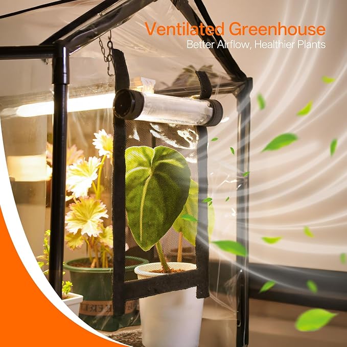 Bstrip Indoor Greenhouse with Grow Light, Mini PVC Tent with PE Base Mat, Ventilation Windows & Zippered Door, 18W Tabletop Greenhouse Light for Seed Starting with Timer, 23.8" x 15.7" x 20.5"