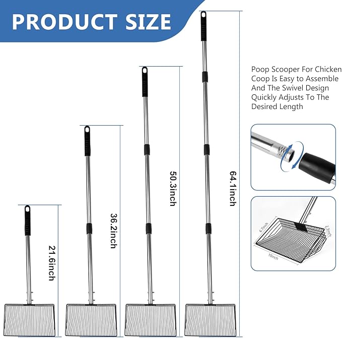 10inch Large Metal Chicken Poop Scooper, Chicken Poop Scooper for Sand with Adjustable Stainless Steel Handle, Chicken Coop Scooper for Sand Suitable for Chicken Coops, Rabbit Coops, Stables, Gardens